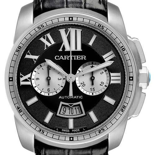 The image shows a frontal view of the Calibre de Cartier watch, highlighting its dial, subdials, and crown.