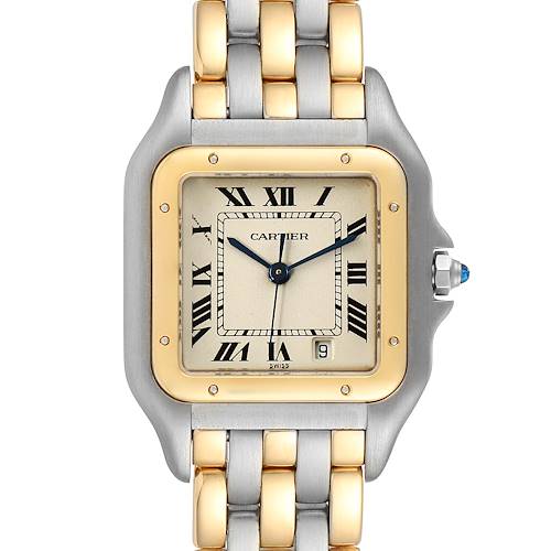 This image shows a front view of the Cartier Panthere W25028B6 Women's Steel and Gold (two tone) Silver Dial W25028B6 Women's Steel and Gold (two tone) Silver Dial watch, highlighting its dial, bezel, and two-tone bracelet.
