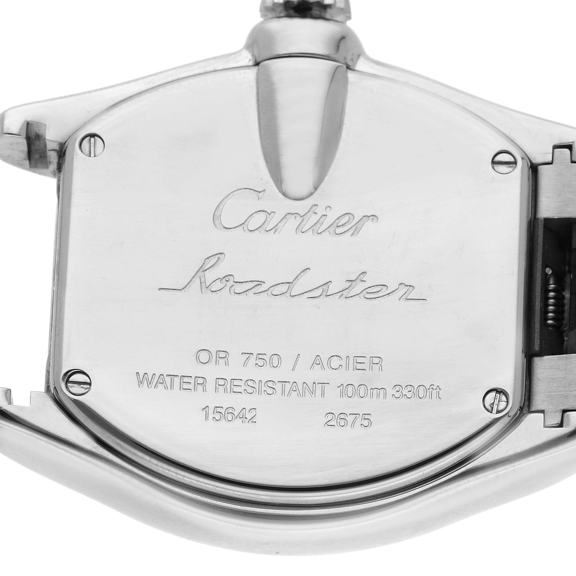 The image shows the back of the Cartier Roadster W62026Y4 Women's Steel and Gold (two tone) Silver Dial W62026Y4 Women's Steel and Gold (two tone) Silver Dial watch with engravings visible, focusing on its case details and markings.