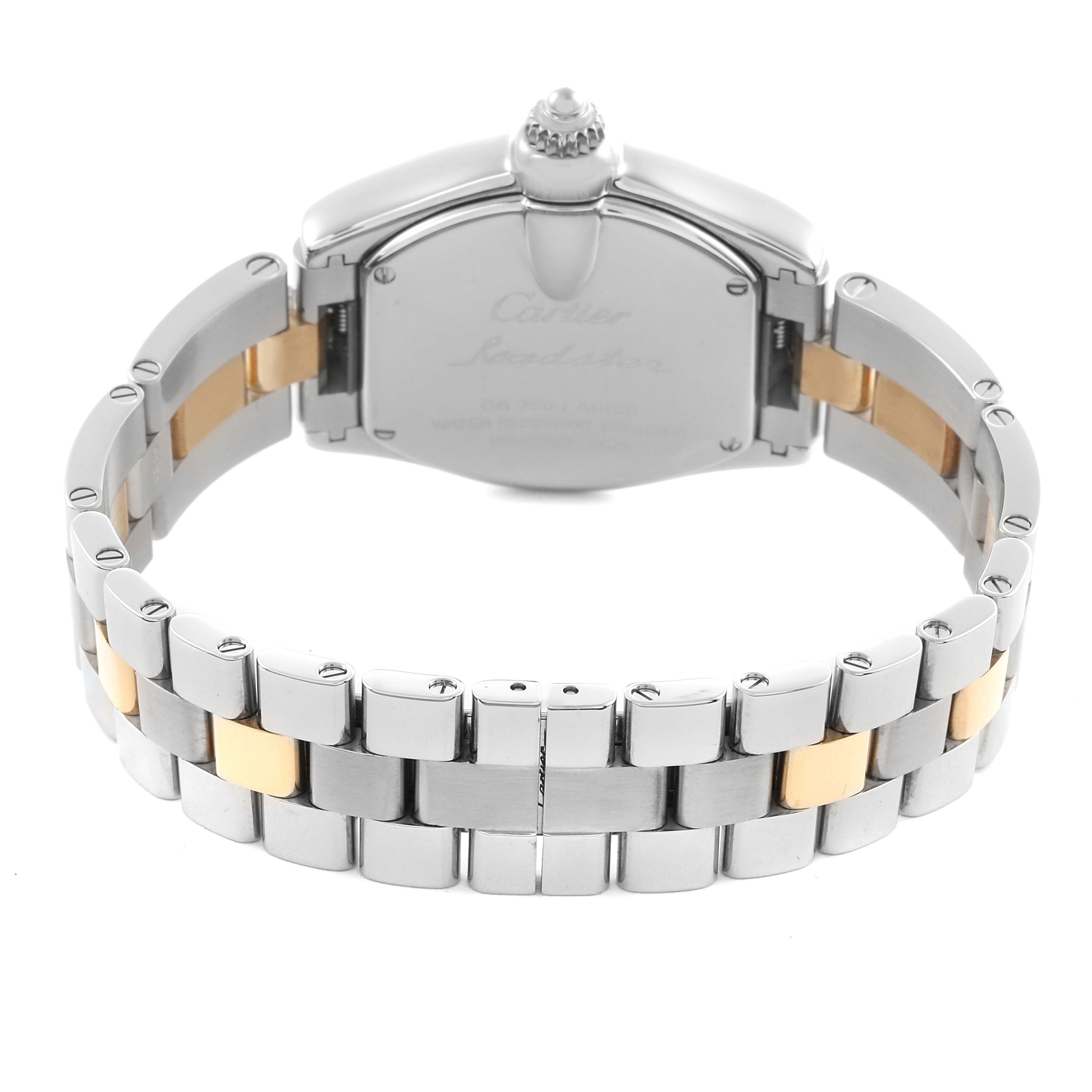 The Cartier Roadster W62026Y4 Women's Steel and Gold (two tone) Silver Dial W62026Y4 Women's Steel and Gold (two tone) Silver Dial watch is shown from the back, highlighting its case, clasp, and two-tone bracelet.