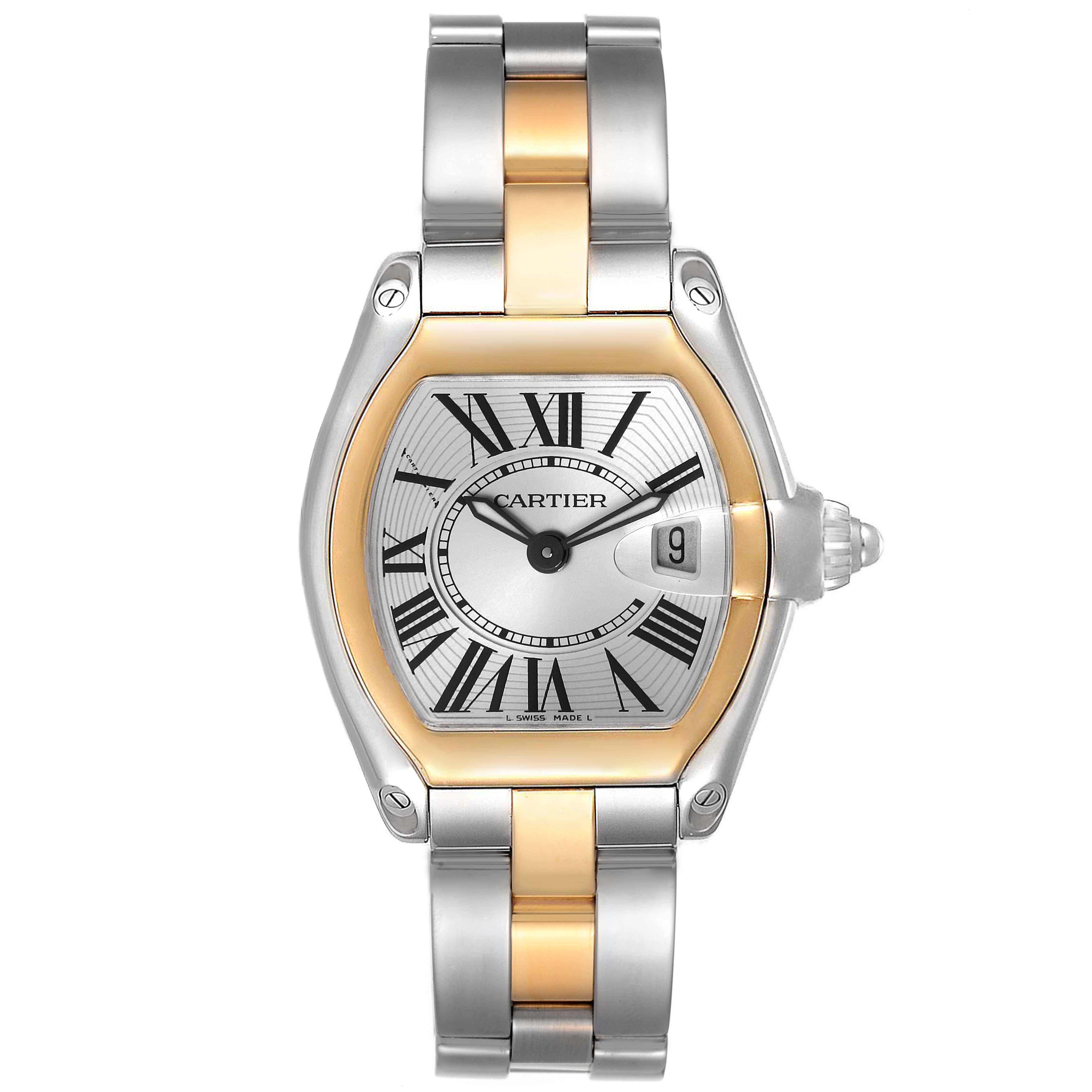 The image shows a front view of the Cartier Roadster W62026Y4 Women's Steel and Gold (two tone) Silver Dial W62026Y4 Women's Steel and Gold (two tone) Silver Dial watch, highlighting the dial, bezel, and metal bracelet.