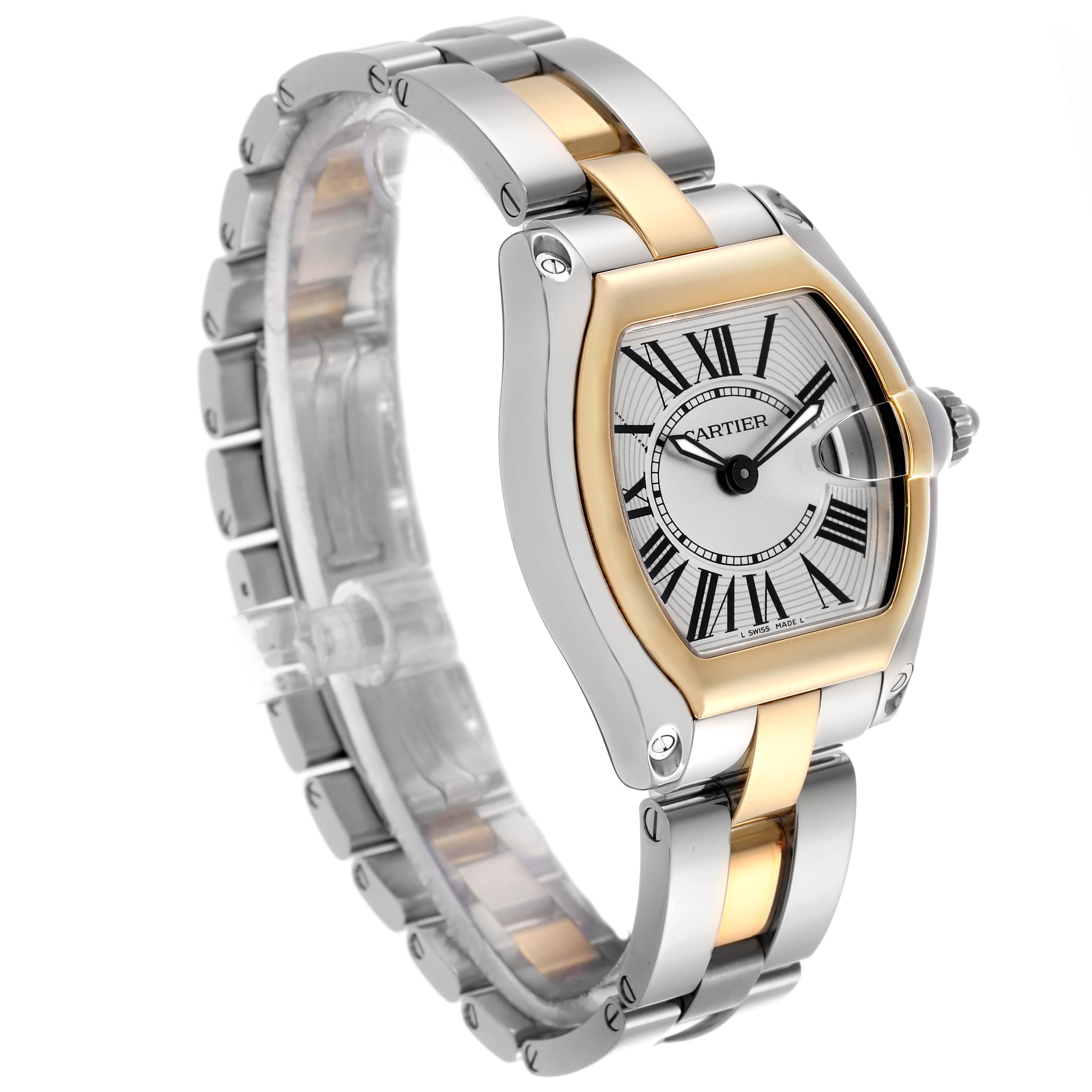 The Cartier Roadster W62026Y4 Women's Steel and Gold (two tone) Silver Dial W62026Y4 Women's Steel and Gold (two tone) Silver Dial watch is shown at an angle displaying the face, bezel, bracelet, and crown.