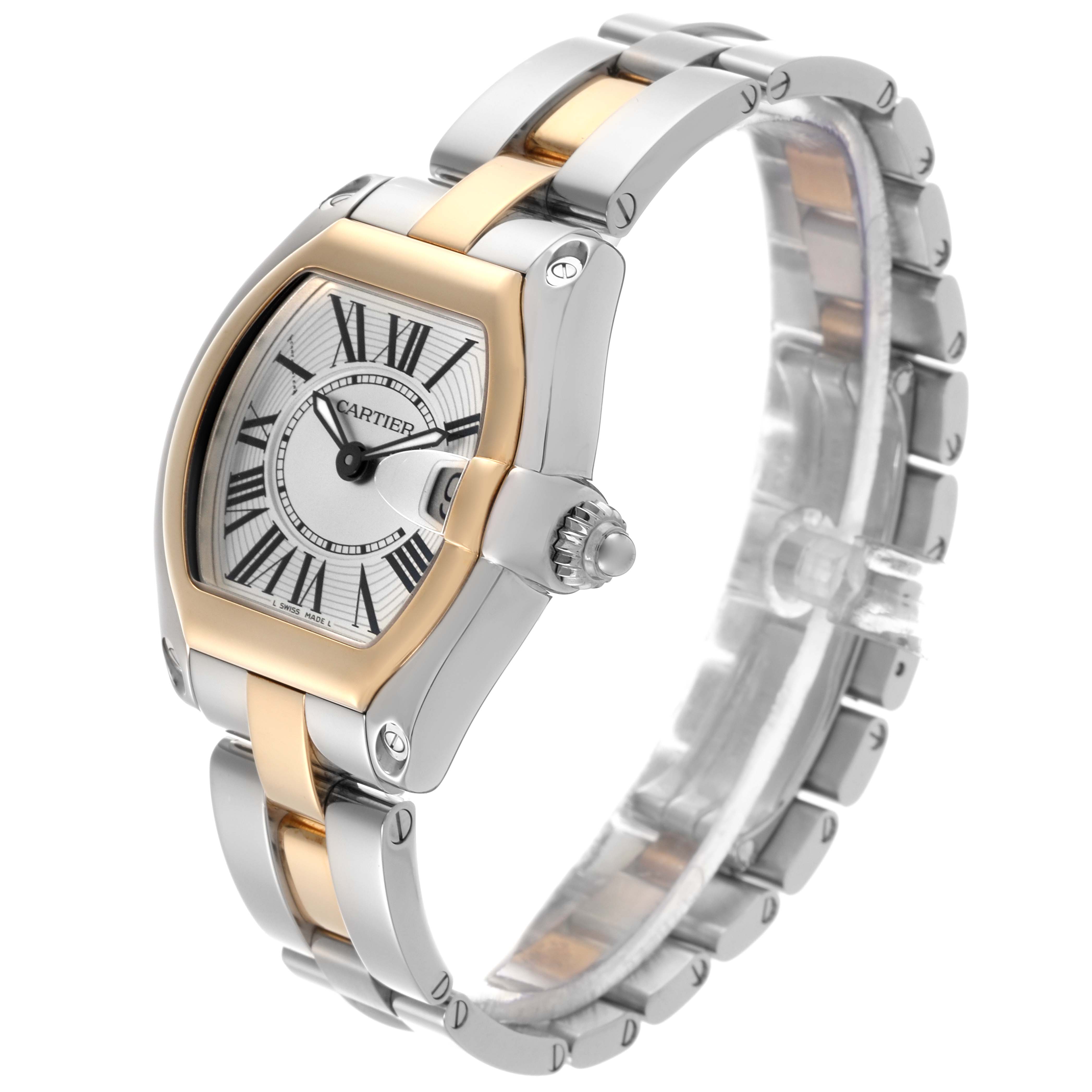 The Cartier Roadster W62026Y4 Women's Steel and Gold (two tone) Silver Dial W62026Y4 Women's Steel and Gold (two tone) Silver Dial watch is shown at a three-quarter angle, highlighting the case, crown, and bracelet.