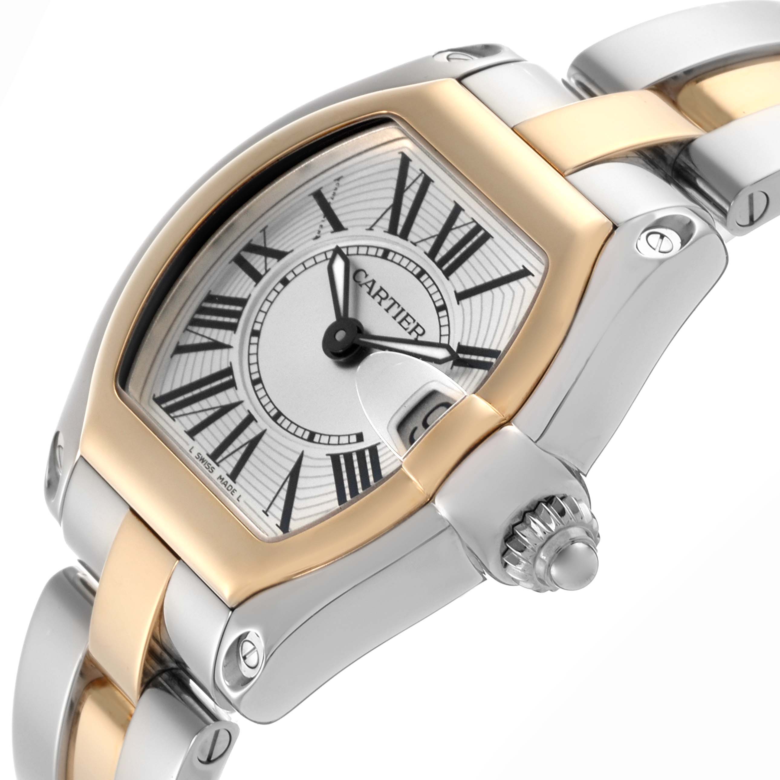The Cartier Roadster W62026Y4 Women's Steel and Gold (two tone) Silver Dial W62026Y4 Women's Steel and Gold (two tone) Silver Dial watch is shown at an angled view, highlighting the dial, Roman numerals, and metal bracelet.