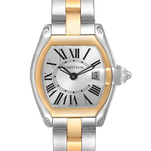 The Cartier Roadster W62026Y4 Women's Steel and Gold (two tone) Silver Dial W62026Y4 Women's Steel and Gold (two tone) Silver Dial watch is shown from the front, highlighting the dial, Roman numerals, date window, and crown.