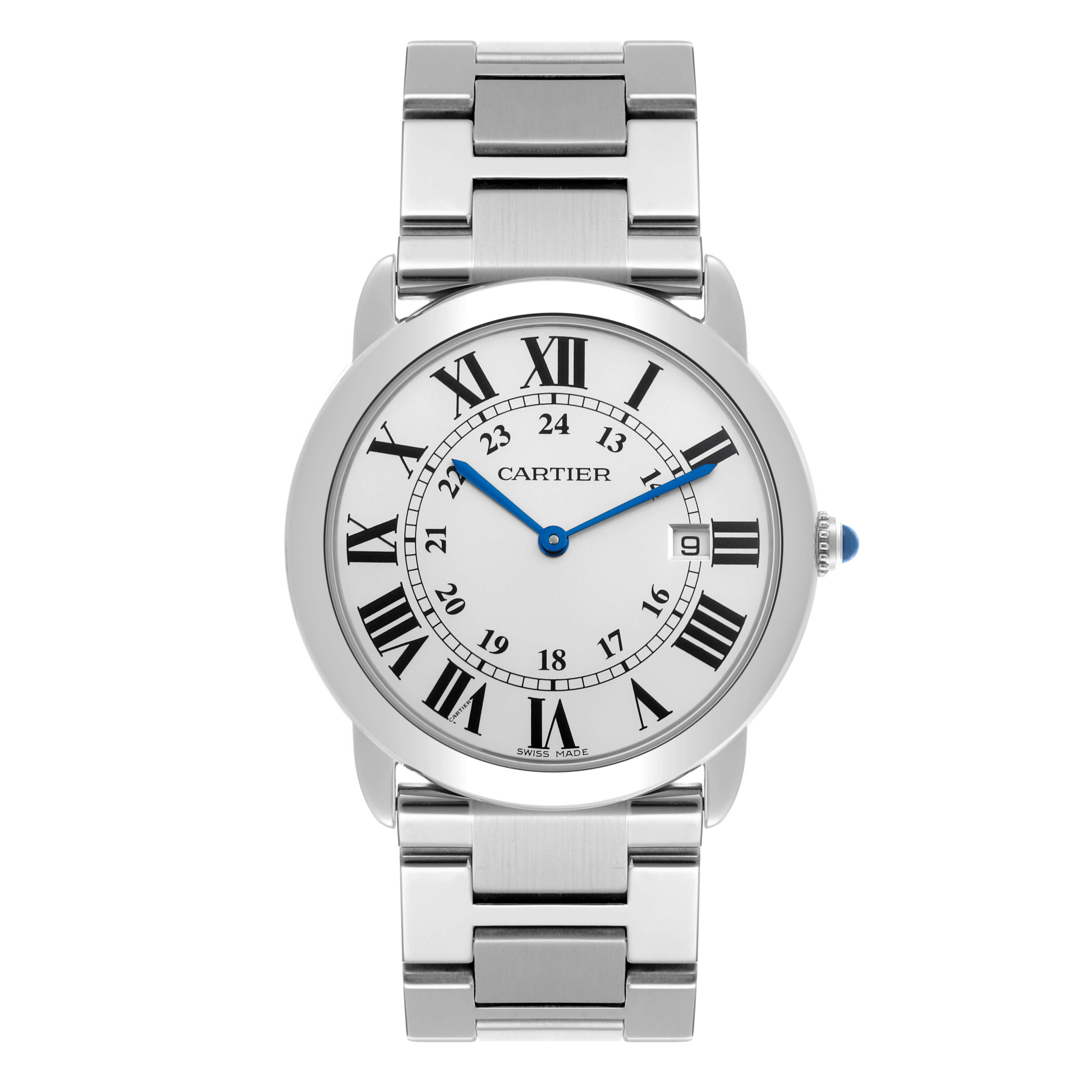 The Cartier Ronde W6701005 Men's Stainless Steel Silver Dial W6701005 Men's Stainless Steel Silver Dial watch is shown from a top view, highlighting its round face, Roman numerals, blue hands, and metal bracelet.