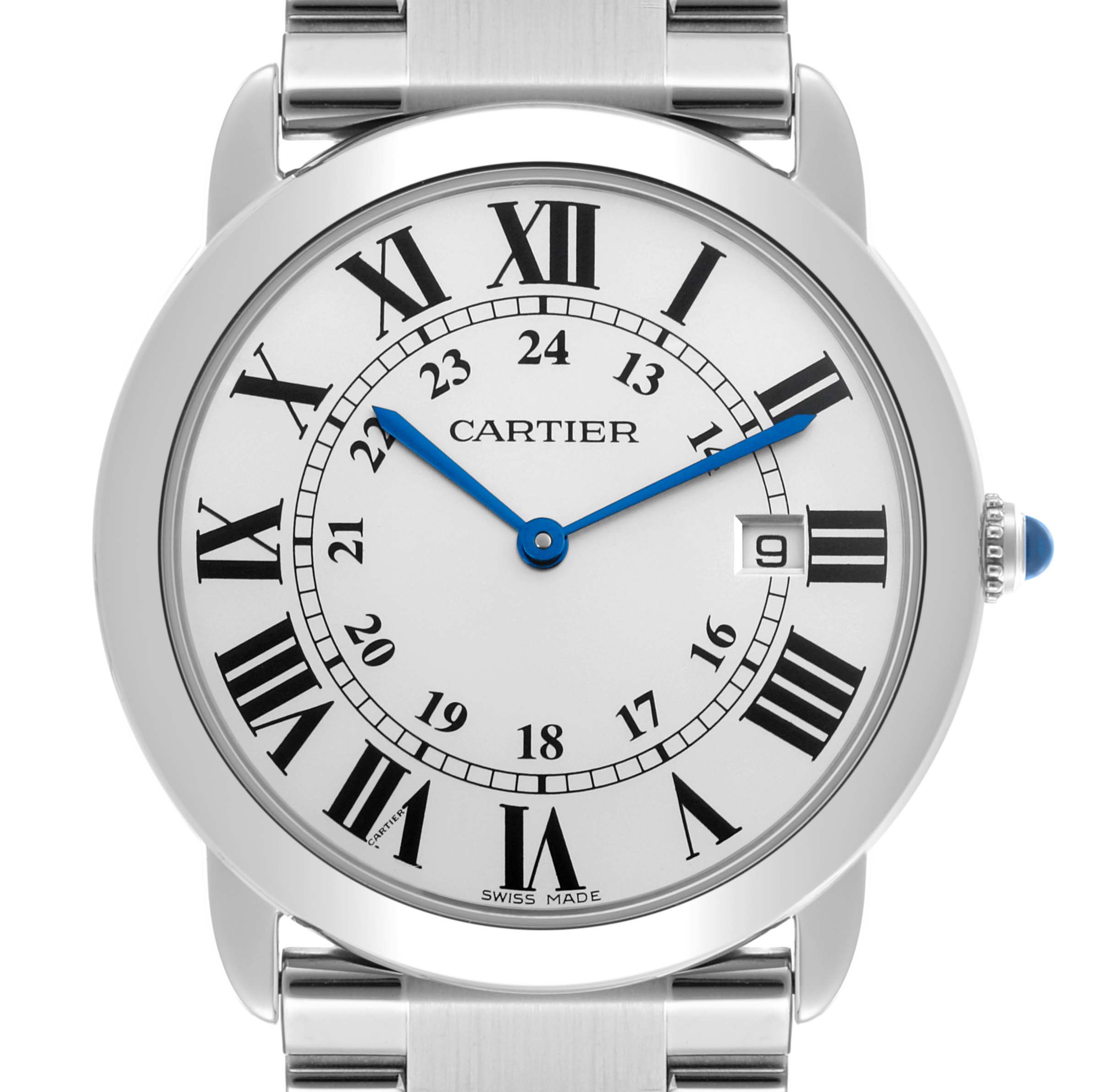 The image shows a frontal view of a Cartier Ronde W6701005 Men's Stainless Steel Silver Dial W6701005 Men's Stainless Steel Silver Dial watch, featuring its dial, Roman numerals, blue hands, and metal bracelet.