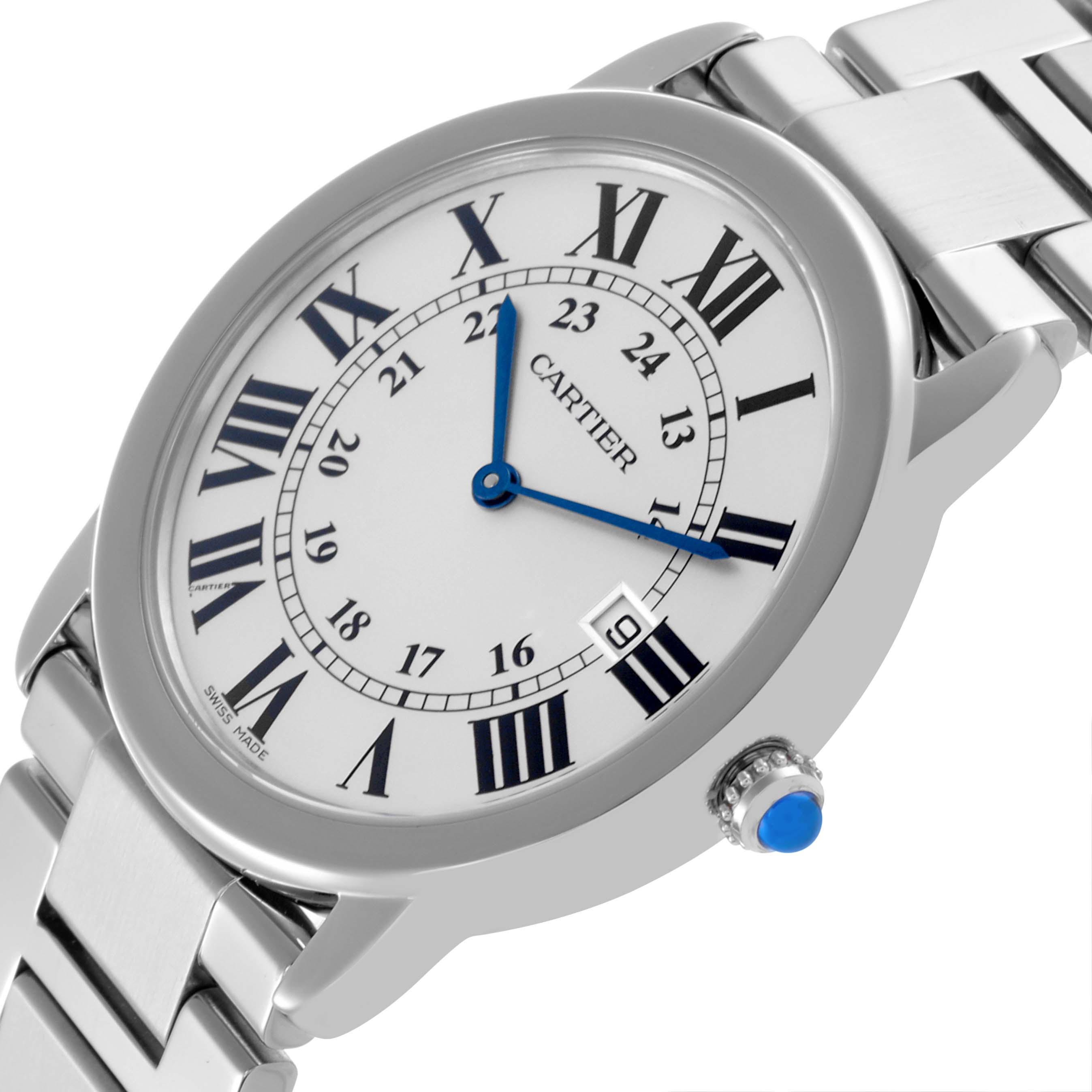 The Cartier Ronde W6701005 Men's Stainless Steel Silver Dial W6701005 Men's Stainless Steel Silver Dial watch is shown at an angled side view, highlighting the dial, blue hands, Roman numerals, case, crown, and bracelet.