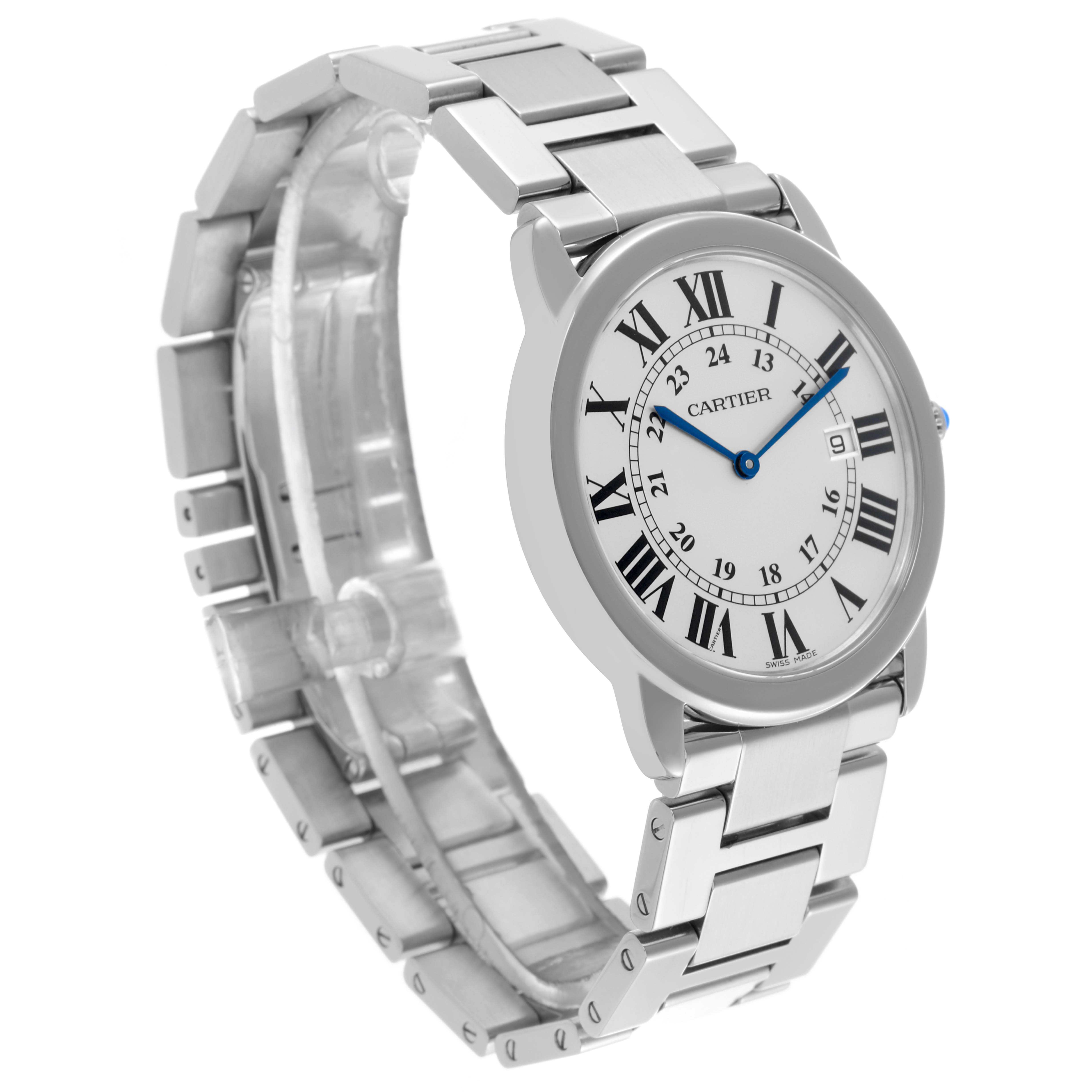 The Cartier Ronde W6701005 Men's Stainless Steel Silver Dial W6701005 Men's Stainless Steel Silver Dial watch is shown at a slight angle, displaying the face, Roman numerals, and metal bracelet.