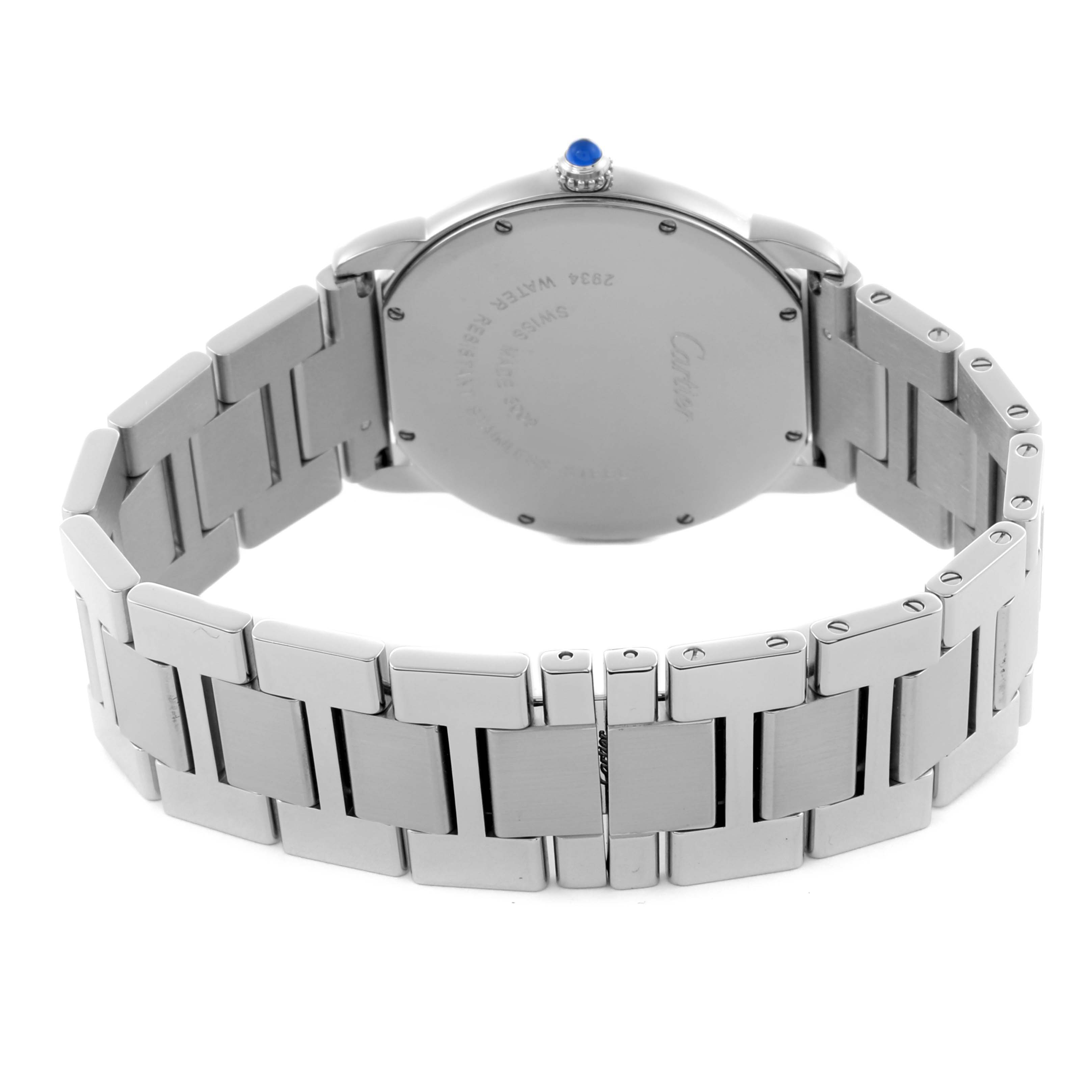 The Cartier Ronde W6701005 Men's Stainless Steel Silver Dial W6701005 Men's Stainless Steel Silver Dial watch is shown from the back, featuring the case back, crown, and metal bracelet.