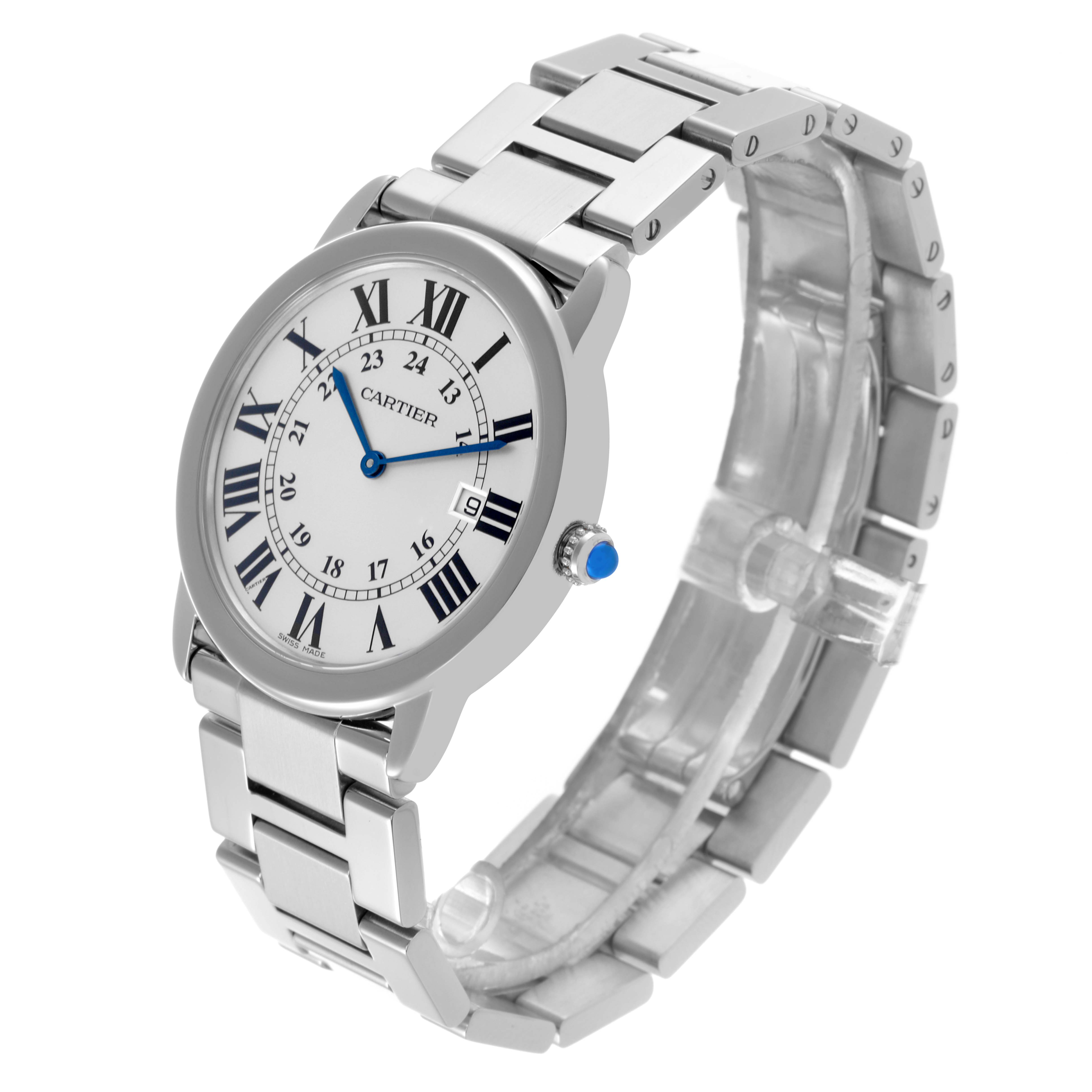 The Cartier Ronde W6701005 Men's Stainless Steel Silver Dial W6701005 Men's Stainless Steel Silver Dial watch is shown at a three-quarter angle, displaying the face, bezel, bracelet, and crown with a blue gem.