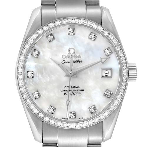 The Omega 2509.75.00 Women's Stainless Steel Mother of Pearl Dial 2509.75.00 Women's Stainless Steel Mother of Pearl Dial Aqua Terra 36 Steel Mother Of Pearl Diamond Ladies Watch is shown front-facing, highlighting the dial, bezel, and bracelet.
