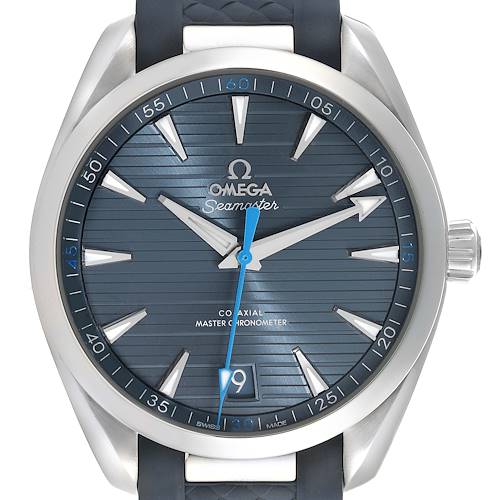 The Omega Aqua Terra 220.12.41.21.03.002 Men's Stainless Steel Blue Dial 220.12.41.21.03.002 Men's Stainless Steel Blue Dial watch is shown from the front, highlighting its face, hands, date window, and crown.