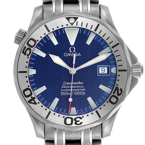 The image shows a frontal view of an Omega Seamaster 2231.80.00 Men's Titanium Blue Dial 2231.80.00 Men's Titanium Blue Dial, highlighting the blue dial, bezel, and partial bracelet.