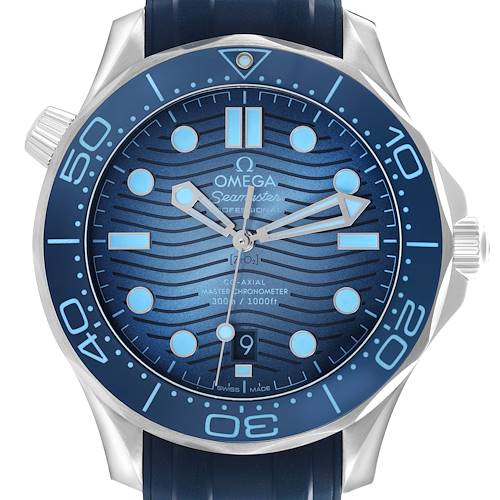 The Omega Seamaster 210.32.42.20.03.002 Men's Stainless Steel Blue Dial 210.32.42.20.03.002 Men's Stainless Steel Blue Dial watch is shown from the front, highlighting its blue dial, bezel, and rubber strap.
