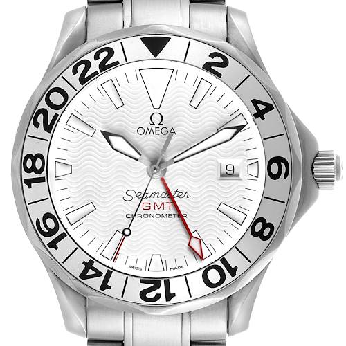 The Omega Seamaster 2538.20.00 Men's Stainless Steel White Dial 2538.20.00 Men's Stainless Steel White Dial watch is shown from the front, displaying the face, hands, bezel, and part of the bracelet.