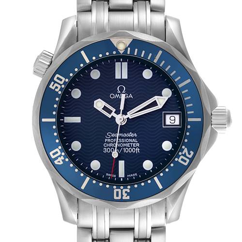 The Omega Seamaster 2551.80.00 Men's Stainless Steel Blue Dial 2551.80.00 Men's Stainless Steel Blue Dial watch is shown from a front angle, highlighting the dial, bezel, hands, and bracelet.