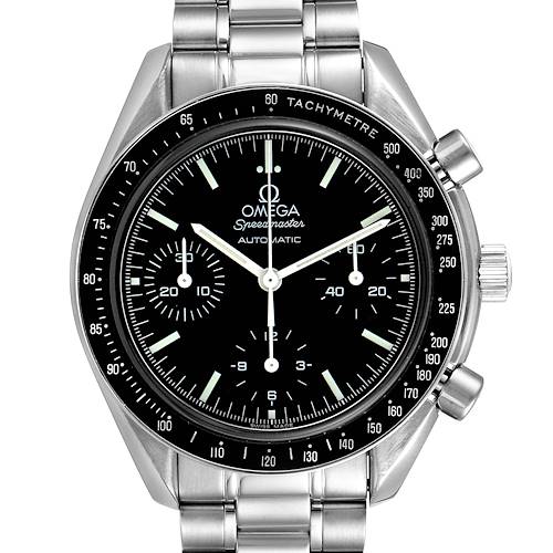 The Omega Speedmaster 3539.50.00 Men's Stainless Steel Black Dial 3539.50.00 Men's Stainless Steel Black Dial watch is shown from the front, displaying the dial, hands, sub-dials, bezel, and stainless steel bracelet.
