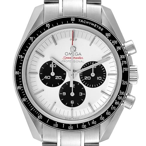 The Omega Speedmaster 522.30.42.30.04.001 Men's Stainless Steel White Dial 522.30.42.30.04.001 Men's Stainless Steel White Dial watch is shown from a front angle, displaying its dial, bezel, sub-dials, and part of the bracelet.