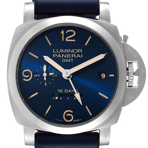 The image shows a front view of the Panerai Luminor PAM00986 Men's Stainless Steel Blue Dial PAM00986 Men's Stainless Steel Blue Dial model watch, highlighting the dial, hands, markers, and crown protector.