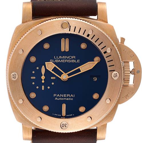 This image shows the front angle of a Panerai Luminor Submersible watch, highlighting the dial, bezel, and case.