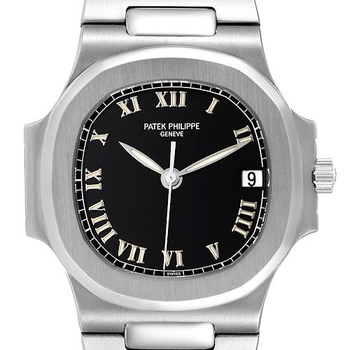 The image shows a front view of a Patek Philippe Nautilus 3800/1 Men's Stainless Steel Black Dial 3800/1 Men's Stainless Steel Black Dial watch displaying the dial, hands, case, and part of the bracelet.