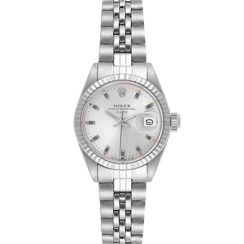 The Rolex Date 6917 Women's Stainless Steel Silver Dial 6917 Women's Stainless Steel Silver Dial watch is shown from a front angle, highlighting the dial, bezel, and bracelet.