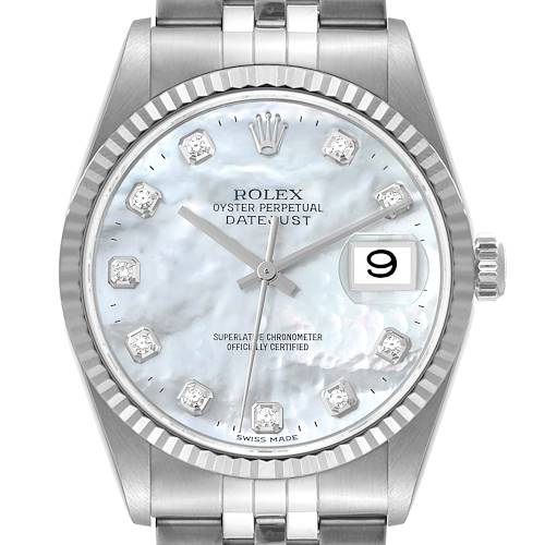 This image shows a front view of the Rolex Datejust 16234 Men's Stainless Steel Mother of Pearl Dial 16234 Men's Stainless Steel Mother of Pearl Dial watch, highlighting the dial, hands, date window, and part of the bracelet.