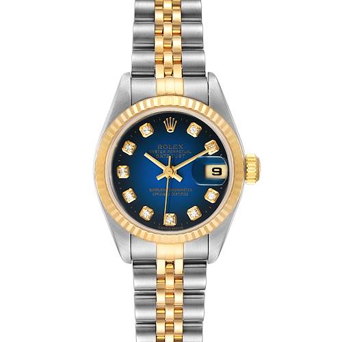 This image shows a front view of a Rolex Datejust 79173 Women's Steel and Gold (two tone) Blue Dial 79173 Women's Steel and Gold (two tone) Blue Dial watch with a blue dial, diamond hour markers, and a two-tone bracelet.