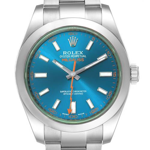 The image shows a front view of a Rolex Milgauss 116400GV Men's Stainless Steel Blue Dial 116400GV Men's Stainless Steel Blue Dial watch, highlighting its blue dial, markers, and orange lightning bolt-shaped second hand.