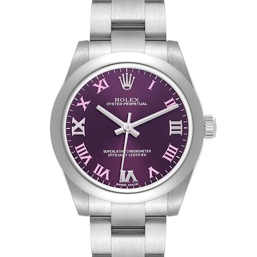This Rolex Mid-Size 177200 Women's Stainless Steel Burgundy Dial 177200 Women's Stainless Steel Burgundy Dial Oyster Perpetual watch is pictured from a front angle, showcasing the dial, hands, bracelet, and crown.