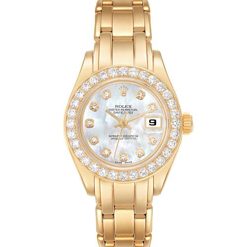 The Rolex Pearlmaster 69298 Women's Yellow Gold Mother of Pearl Dial 69298 Women's Yellow Gold Mother of Pearl Dial watch is shown from the front, displaying its diamond bezel, mother-of-pearl dial, and gold bracelet.