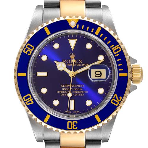 This image shows a front view of the Rolex Submariner 16613 Men's Steel and Gold (two tone) Blue Dial 16613 Men's Steel and Gold (two tone) Blue Dial watch, highlighting its blue dial, bezel, and date display.