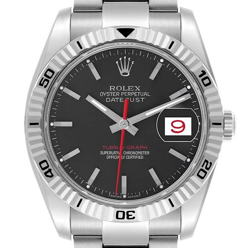 The Rolex Turn-o-Graph 116264 Men's Stainless Steel Black Dial 116264 Men's Stainless Steel Black Dial watch is shown from the front, highlighting its bezel, dial, hands, and bracelet.