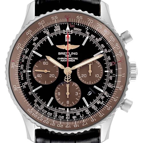 The Breitling Navitimer AB0127E3/BE81 Men's Stainless Steel Black Dial AB0127E3/BE81 Men's Stainless Steel Black Dial is shown front-facing, detailing the dial, bezel, chronograph subdials, and leather strap.