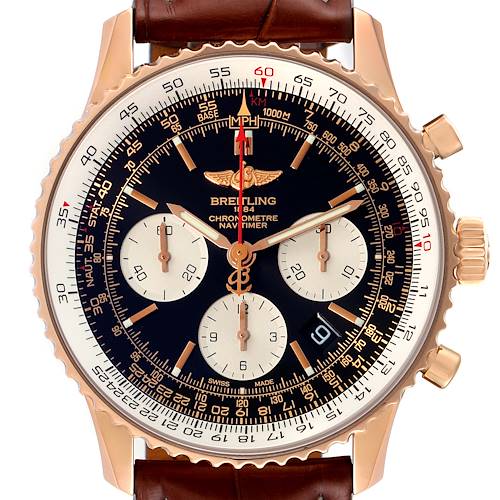 This image shows a front view of a Breitling Navitimer RB0120 Men's Rose Gold Black Dial RB0120 Men's Rose Gold Black Dial watch, highlighting the face, dials, bezel, and part of the band.