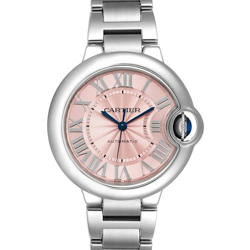 This image shows a front view of a Cartier Ballon Bleu W6920100 Women's Stainless Steel Pink Dial W6920100 Women's Stainless Steel Pink Dial watch, highlighting the face, bezel, crown, and part of the bracelet.