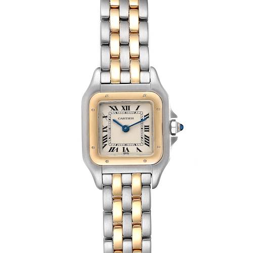 The image shows a front view of the Cartier Panthère watch, displaying the face and the bi-metal bracelet.