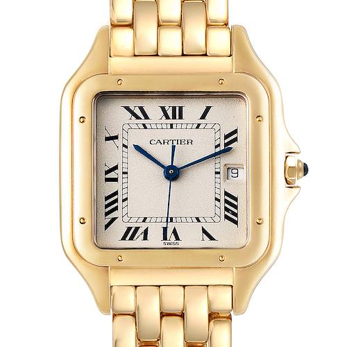 The image shows a front view of the Cartier Panthere W25014B9 Women's Yellow Gold Silver Dial W25014B9 Women's Yellow Gold Silver Dial watch, highlighting the face, bezel, and part of the bracelet.