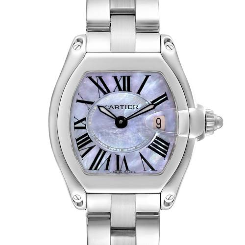 The Cartier Roadster W6206007 Women's Stainless Steel Mother of Pearl Dial W6206007 Women's Stainless Steel Mother of Pearl Dial watch is shown from a front angle, highlighting the face, Roman numerals, and metal bracelet.