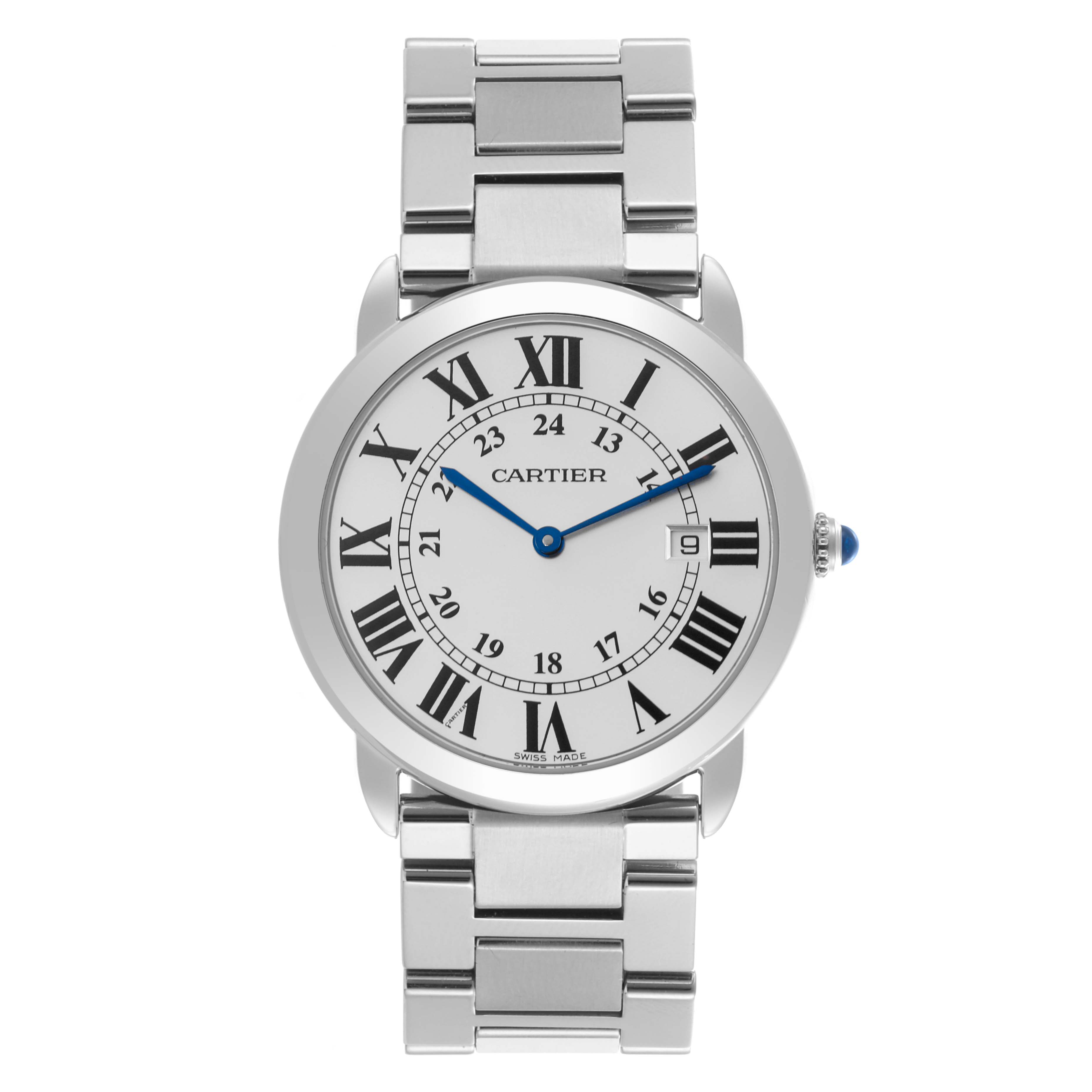 The Cartier Ronde W6701005 Men's Stainless Steel Silver Dial W6701005 Men's Stainless Steel Silver Dial watch is shown from the front, displaying its face, Roman numerals, and metal strap.