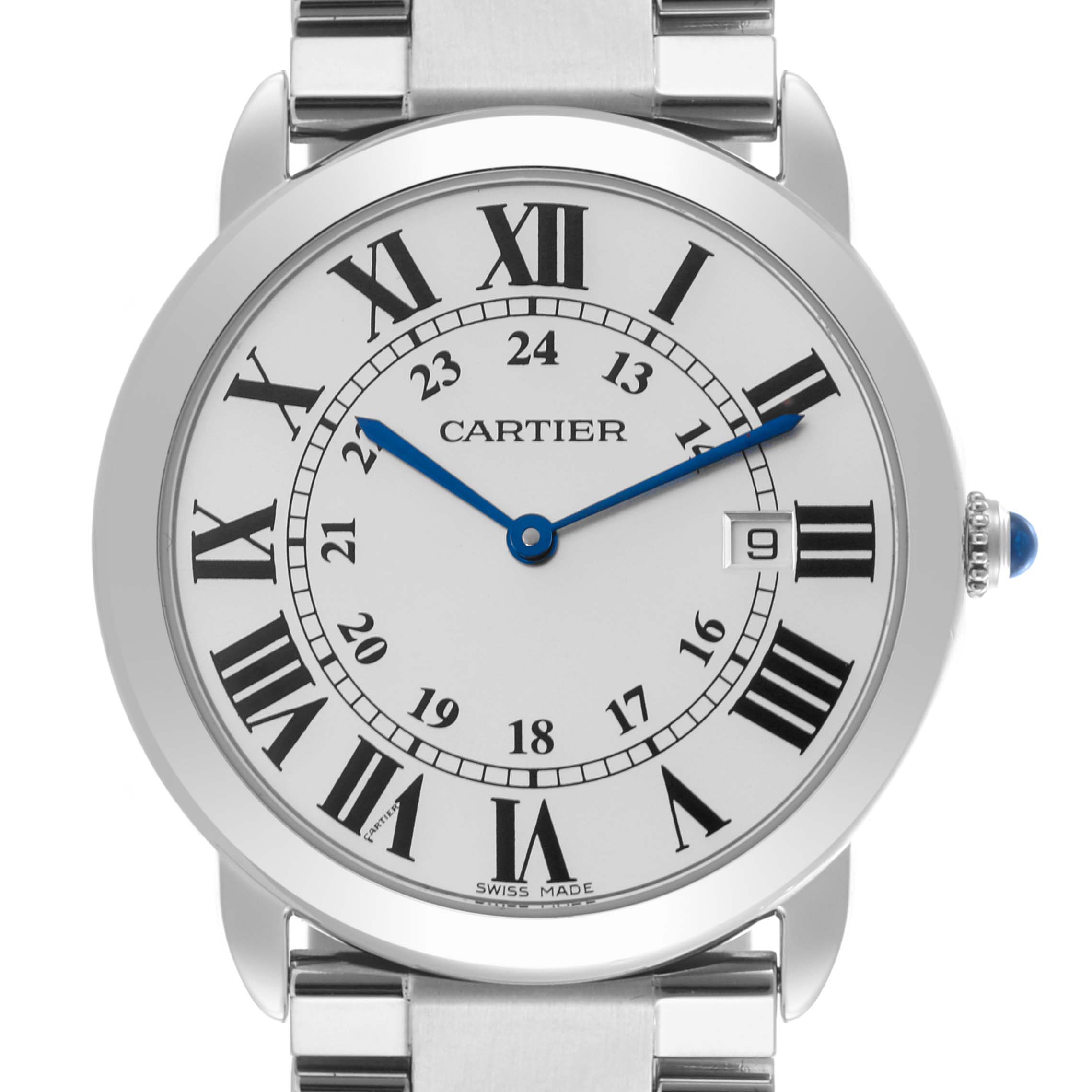 The image shows a Cartier Ronde W6701005 Men's Stainless Steel Silver Dial W6701005 Men's Stainless Steel Silver Dial watch from a front angle, displaying its dial, Roman numerals, blue hands, and stainless steel bracelet.