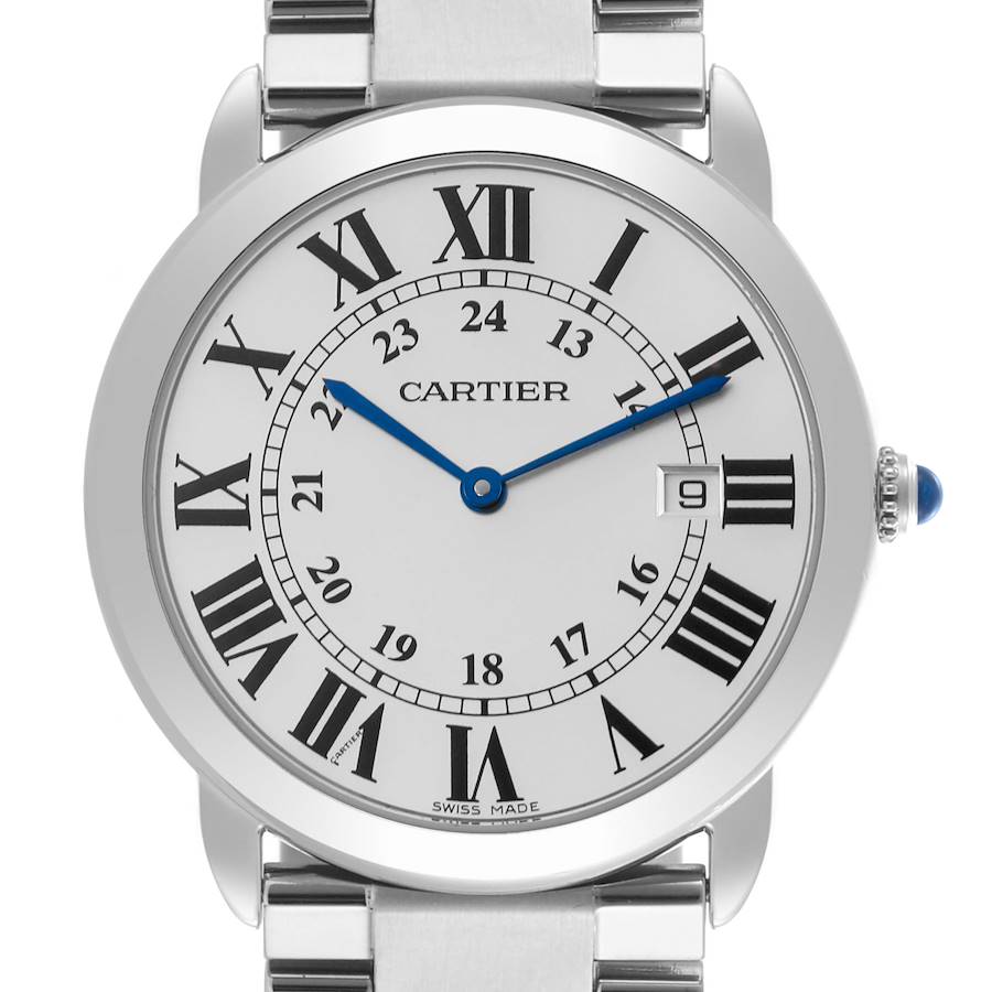 The image shows a Cartier Ronde W6701005 Men's Stainless Steel Silver Dial W6701005 Men's Stainless Steel Silver Dial watch from a front angle, displaying its dial, Roman numerals, blue hands, and stainless steel bracelet.