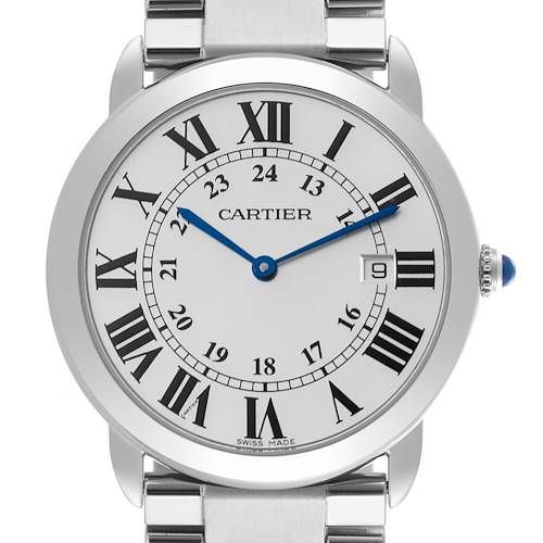 The Cartier Ronde W6701005 Men's Stainless Steel Silver Dial W6701005 Men's Stainless Steel Silver Dial watch is shown from a front angle, displaying the dial, Roman numerals, and blued hands, with part of the bracelet.