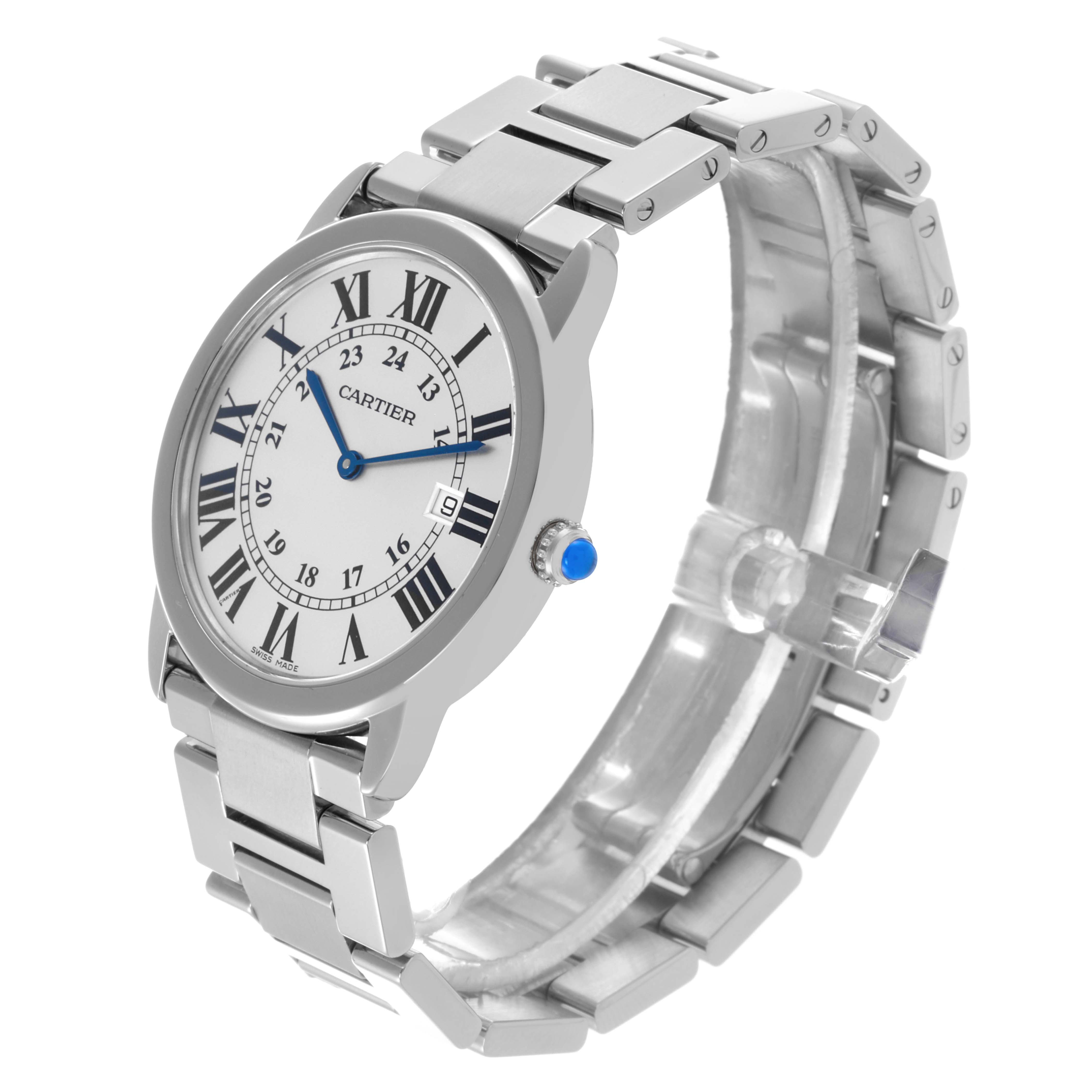 The Cartier Ronde W6701005 Men's Stainless Steel Silver Dial W6701005 Men's Stainless Steel Silver Dial watch is shown at a three-quarter angle, displaying the face, case, crown, and bracelet.