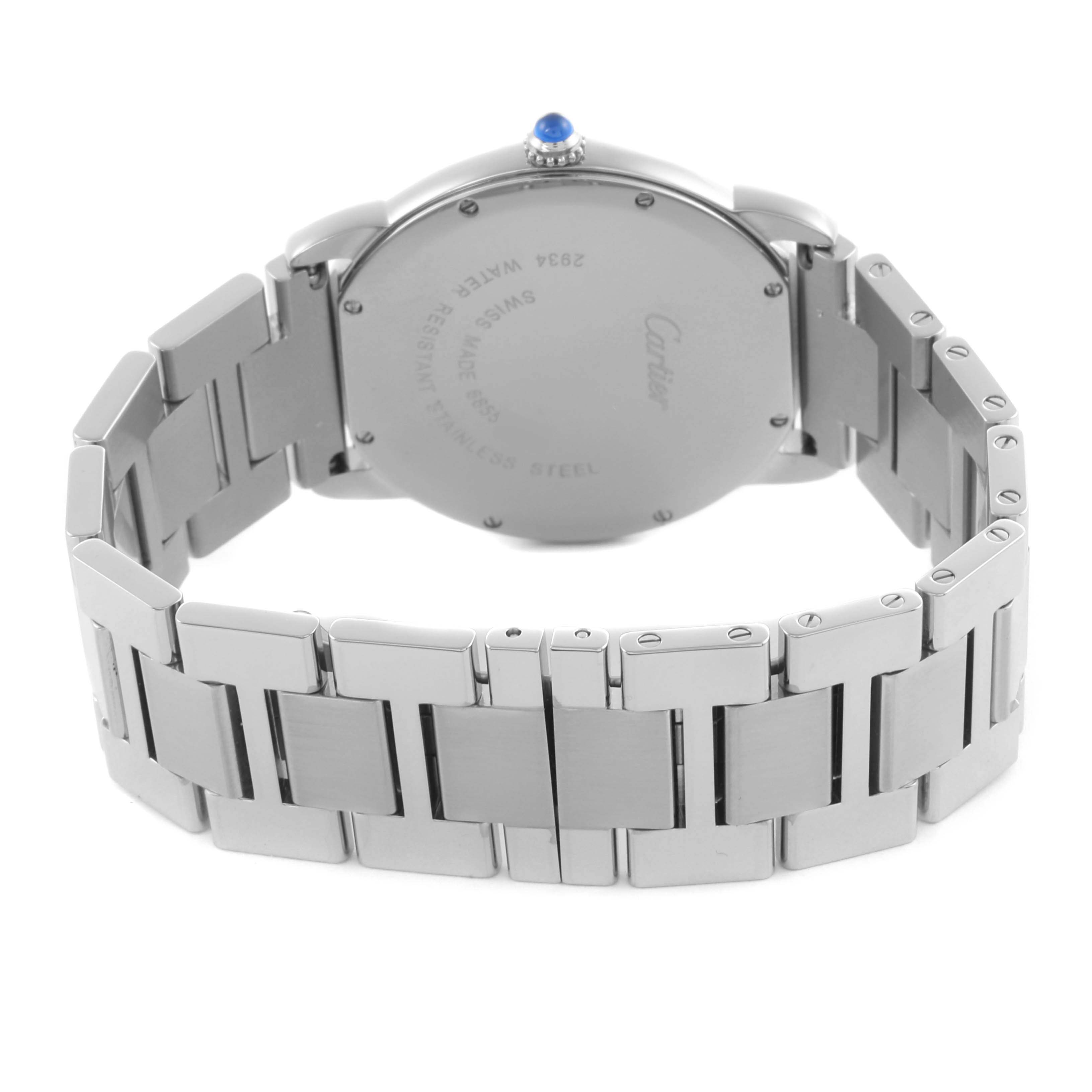 The image shows the back case and bracelet of a Cartier Ronde W6701005 Men's Stainless Steel Silver Dial W6701005 Men's Stainless Steel Silver Dial watch, highlighting its stainless steel construction.