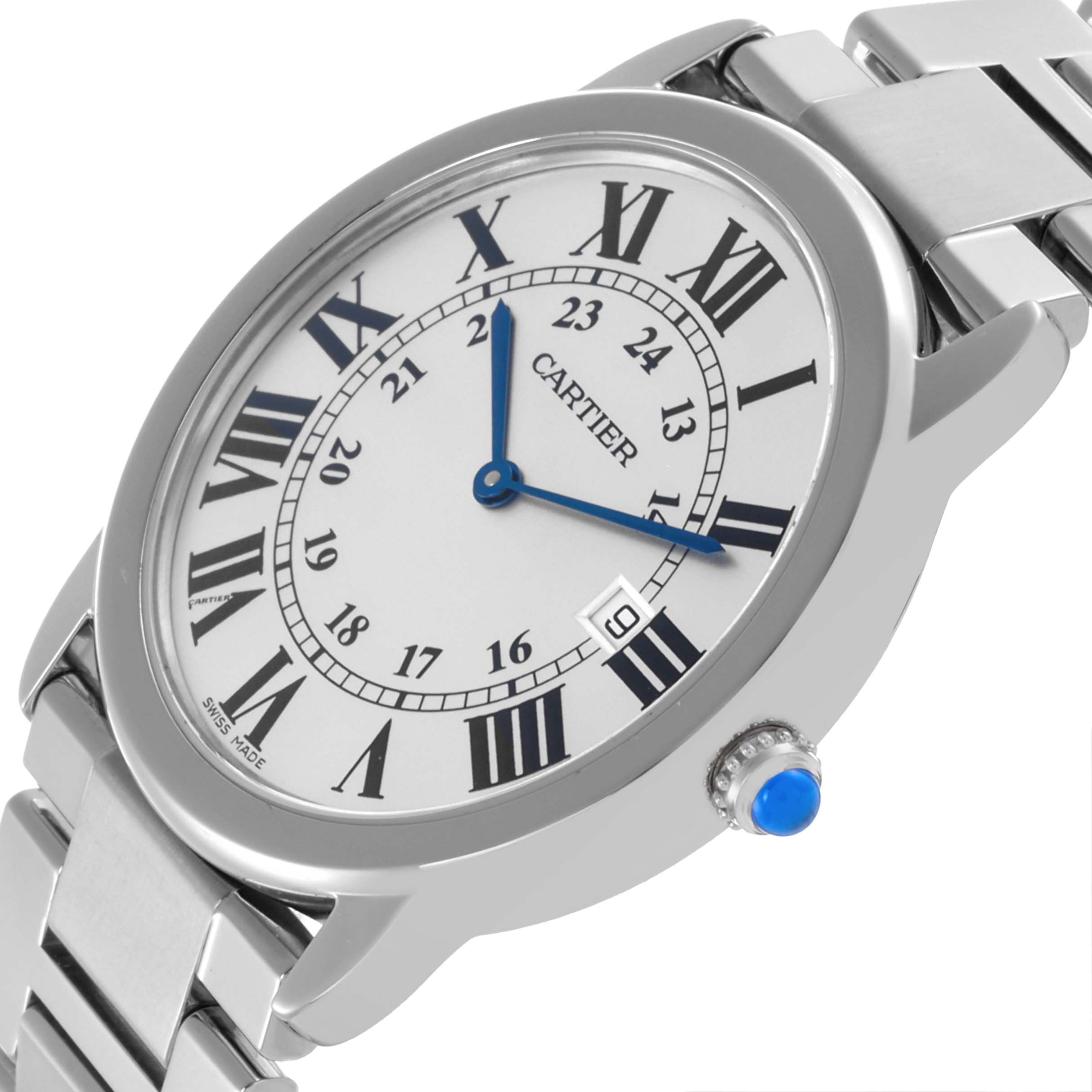 The Cartier Ronde W6701005 Men's Stainless Steel Silver Dial W6701005 Men's Stainless Steel Silver Dial watch is shown at a slight angle displaying the face, blue steel hands, Roman numerals, and the bracelet.