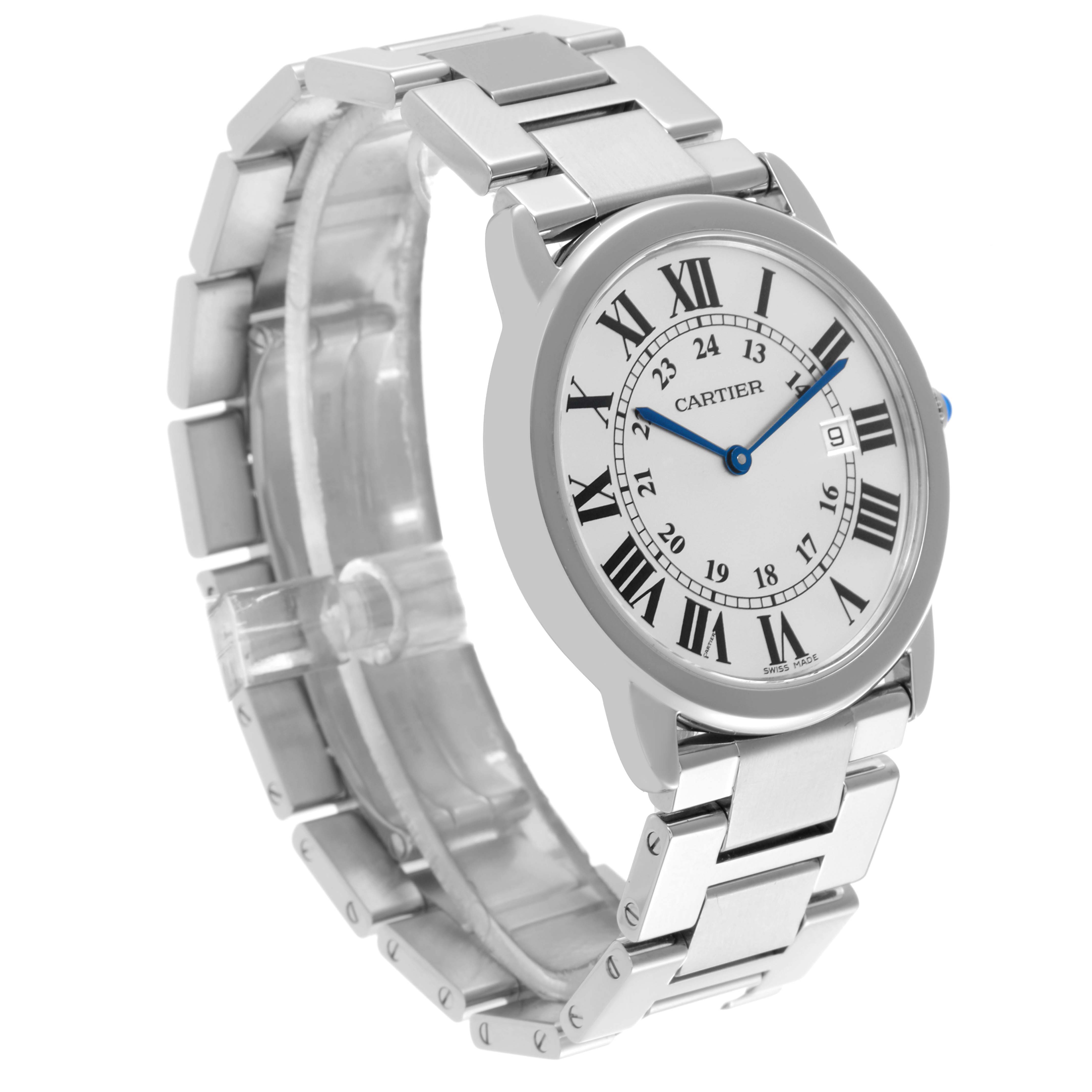 The Cartier Ronde W6701005 Men's Stainless Steel Silver Dial W6701005 Men's Stainless Steel Silver Dial watch is shown at a three-quarter angle, highlighting its face, Roman numerals, and stainless steel bracelet.