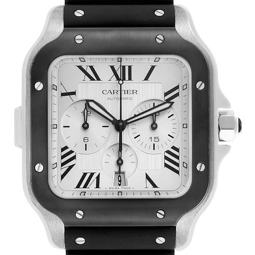 The Cartier Santos WSSA0017 Men's Stainless Steel Silver Dial WSSA0017 Men's Stainless Steel Silver Dial watch is shown from the front, displaying the dial, bezel, and part of the strap.