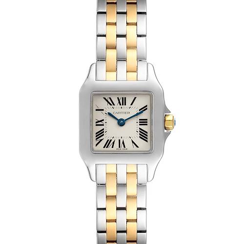 This image shows a Cartier Santos Demoiselle W25066Z6 Women's Steel and Gold (two tone) Silver Dial W25066Z6 Women's Steel and Gold (two tone) Silver Dial watch from a front view, highlighting its face and two-tone metal bracelet.